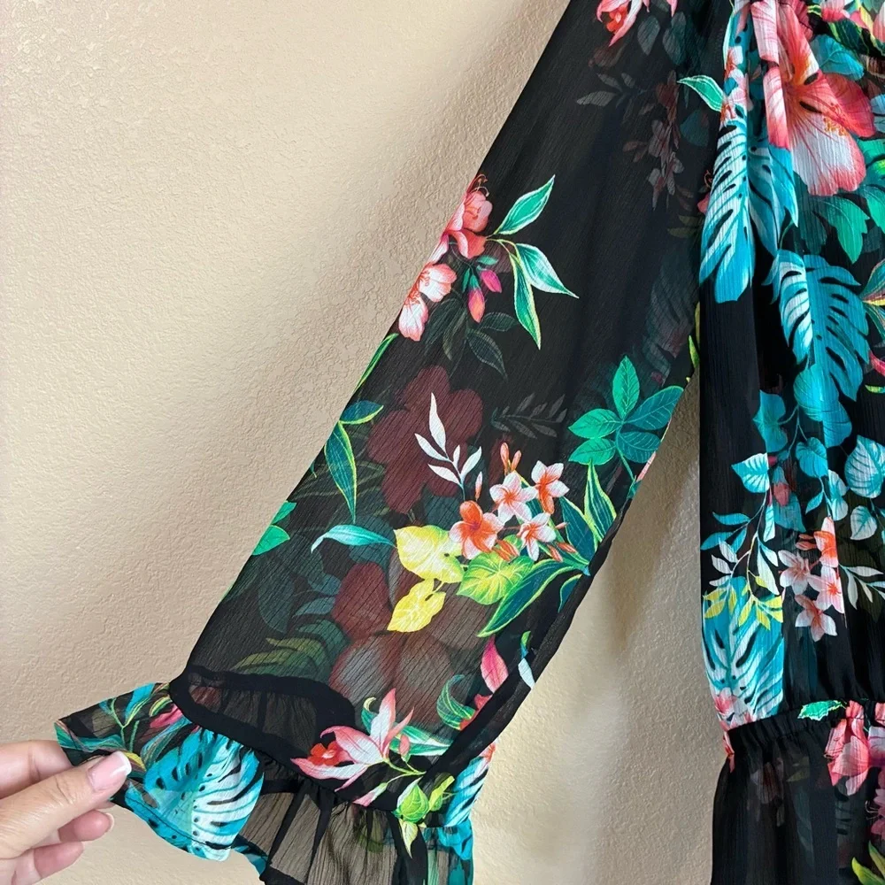 Tommy Bahama Size S Floral Black Ruffle Sheer Tunic‎ Dress Swim Coverup Vacation